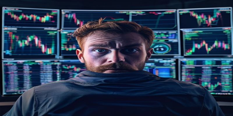 trader staring at multiple screens with stress expression